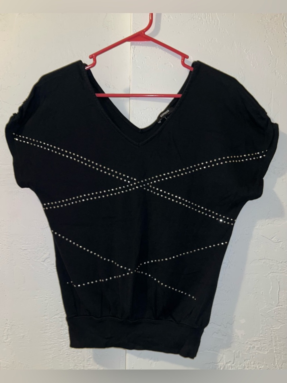 Express Black V-neck and Silver Stud Embellished Crisscross Pattern Top